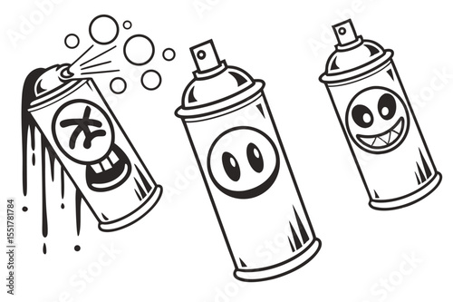 Three stylized spray paint cans with cartoon faces and dripping paint