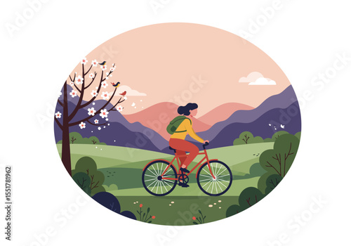 Vector illustration of a woman riding a bicycle in a park