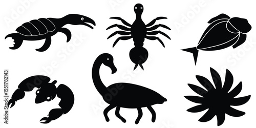 Collection of stylized black silhouettes of prehistoric creatures and marine life