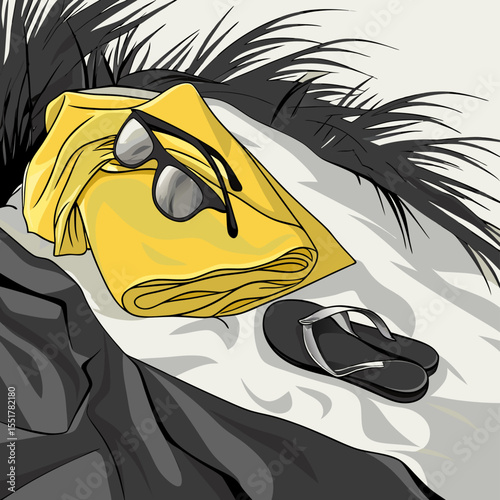 Yellow Beach Towel, Sunglasses, and Flip Flops on Beach Chair