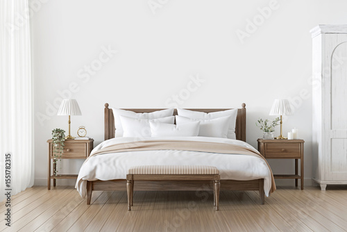 Classic light bedroom interior with white bed linen, curtain, bench and brown wooden flooring. Empty room wall mockup. Traditional home decoration. 3d rendering.