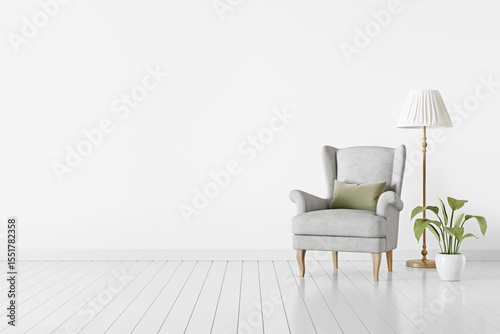 Simple traditional interior background with gray classic armchair, green plant and floor lamp. Empty white wall mockup with free space. 3d rendering.