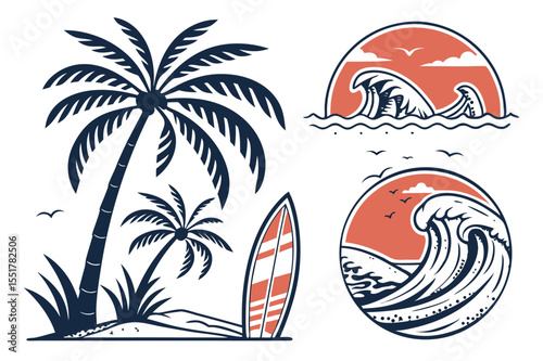 Tropical beach scene with palm trees surfboard and crashing ocean waves