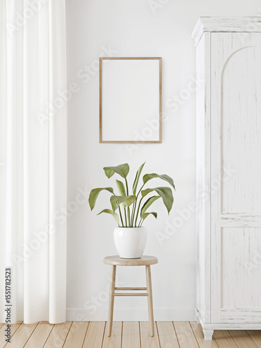 Vertical wooden frame mockup in white living room interior with arched cabinet, curtain and green plant on stool. Simple, light traditional home decoration. 3d rendering.