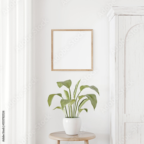 Square wooden frame mockup in white living room interior with arched cabinet, curtain and green plant in pot. Light traditional home decoration. 3d rendering.