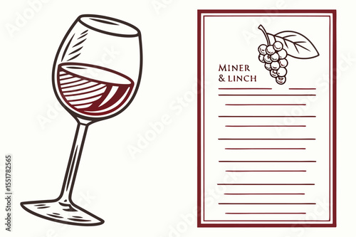 Elegant wine glass with red wine next to a restaurant menu featuring grapes