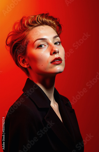Elegant red-haired model with bold lips and warm background.
