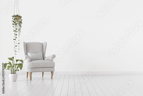 White living room interior with gray traditional armchair, pillow and hanging plant. Minimal home decoration. Empty wall mockup with free space. 3d rendering.