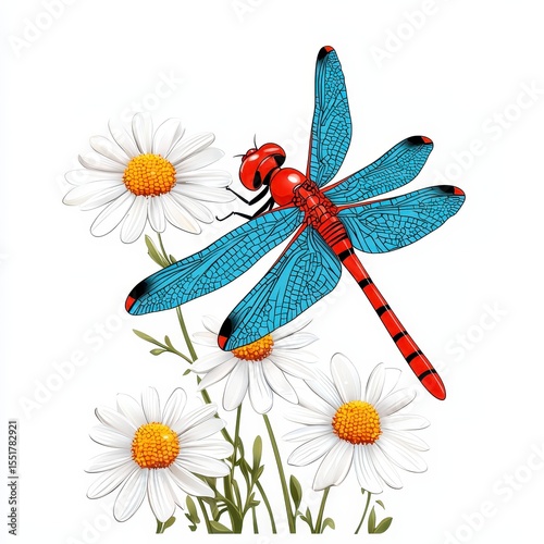 Red And Blue Dragonfly On White Daisies Detailed Illustration