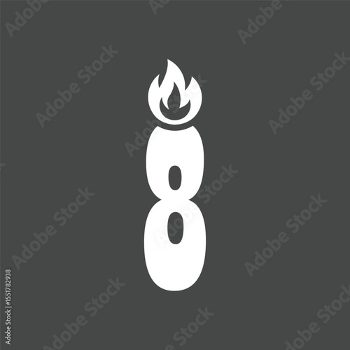 Minimalist Number Eight Candle Icon with Flame on Dark Background