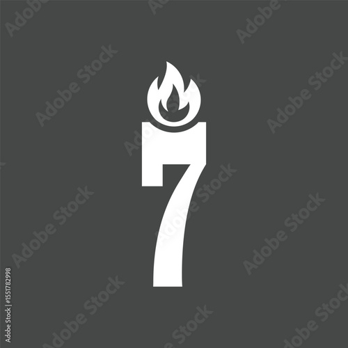 Minimalist Number Seven Candle Icon with Flame on Dark Background