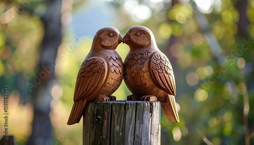 Two carved love birds together on a fence post in soft focus during a peaceful afternoon