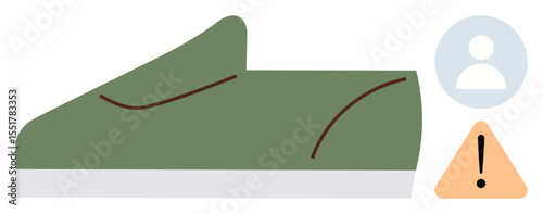 Green sneaker paired with profile icon and caution sign. Ideal for footwear, safety, health, customer feedback, product design, user experience, and risk management. Simple flat metaphor