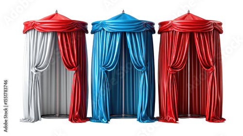 Three Changing Rooms: Three elegant changing rooms, each draped in rich fabrics of red, blue, and silver, stand ready for use, suggesting a high-end retail or fashion setting.