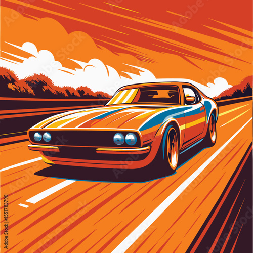 Classic Muscle Car Driving on Open Road at Sunset