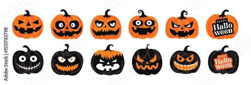 Collection of cute and scary Happy Halloween pumpkins isolated on white background and Happy Halloween holiday text logo. Set of orange and black pumpkins with a creepy spooky Halloween smile.
