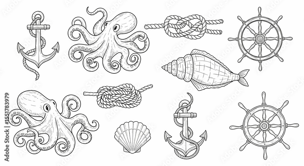 Obraz premium Set of hand drawn whimsical illustrations of ocean creatures and sailor's knots. Doodle drawings of octopuses, anchors, seashells, rope coils, and vintage ship wheels. Coastal line art 