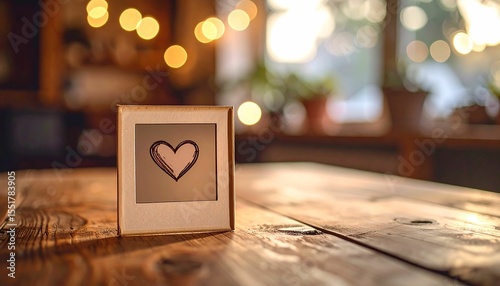 Small frame with heart doodle on weathered wooden table in warm, cozy setting with soft ambient lighting