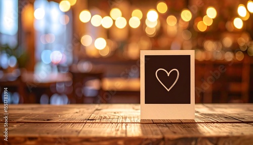 Vintage frame with heart doodle resting on a rustic wooden table in warm ambient lighting
