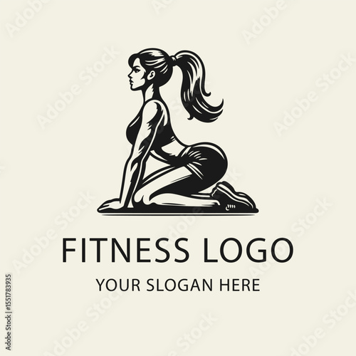 Black and white flat vector logo for yoga and fitness featuring a woman in workout clothes performing an exercise. Ideal for wellness branding, gym promotions, and active lifestyle themes.