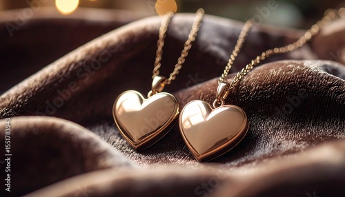 Matching heart shaped necklaces laid on a brown velvet cloth create a romantic atmosphere for special moments