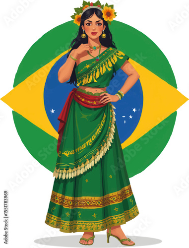 a woman in a green dress with a flower in her hair