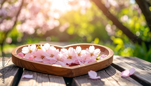 Delicate pink cherry blossom petals scattered on a heart shaped wooden tray in a serene garden setting during springtime