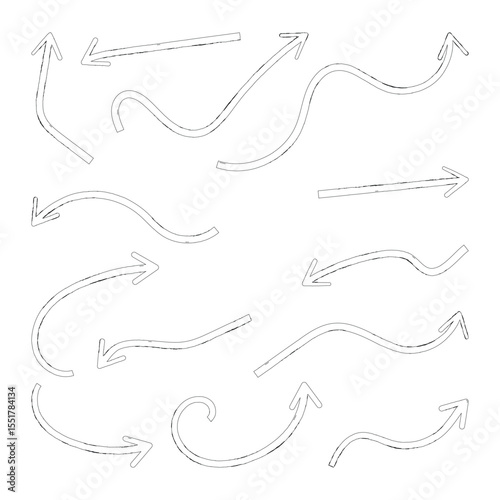 Hand drawn curved and straight arrow set. Black grunge sketch arrow collection. Doodle sketched pointers and direction lines. Wavy and zigzag brush stroke bundle for flyer, poster, brochure. Eps 10.