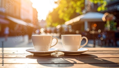 Two coffee cups on a cafe table surrounded by a bustling urban environment