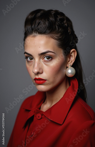 Sophisticated model with red lips and pearl earrings, grey background.