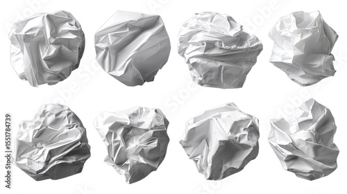 Crumpled Paper: A collection of eight individually crumpled paper balls, rendered in stark monochrome, suggesting discarded ideas or failed attempts, conveying concepts of frustration and creativity.