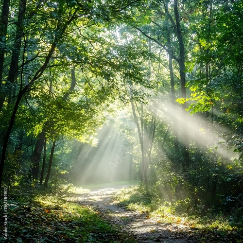Serene Sunlight Filtering Through Forest Trees in Tranquil Scene