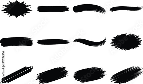 Set of black ink brush strokes and textures on white background for grunge art, paint, or abstract design