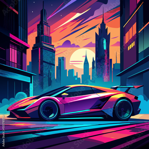 Neon Cityscape with Futuristic Sports Car