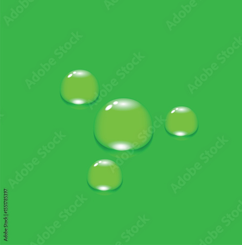 Water drops, realistic droplets of liquid on a green background with typography. Vector illustration