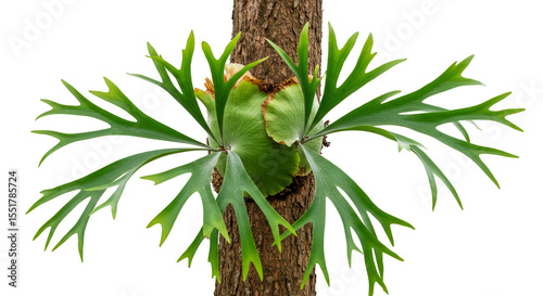 Isolated Transparent Staghorn Fern Exotic Green Foliage on Tree Bark