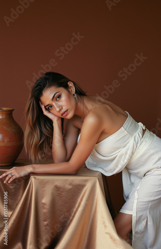 Elegant woman draped in white fabric with warm lighting.