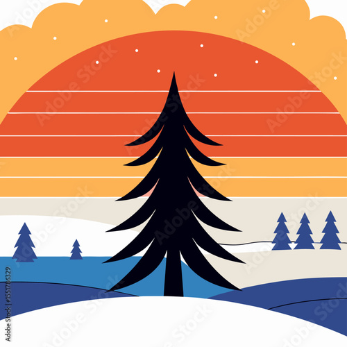 Retro Sunset Winter Landscape with Pine Tree Silhouette
