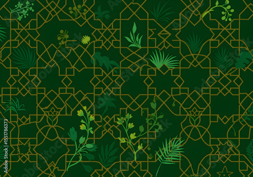 Botanical foliage pattern featuring ferns and plants against a geometric tile backdrop creates a rich, naturalistic texture.