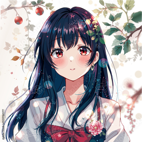 a girl with long black hair wearing a white shirt and a red bow around her neck
