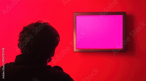 Silhouette person facing away from vibrant pink screen