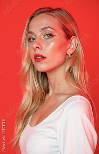 Blonde woman with bold red eyeliner and vibrant background.