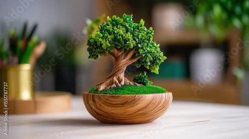 Lush Green Tree in Decorative Wooden Bowl for Home Decor