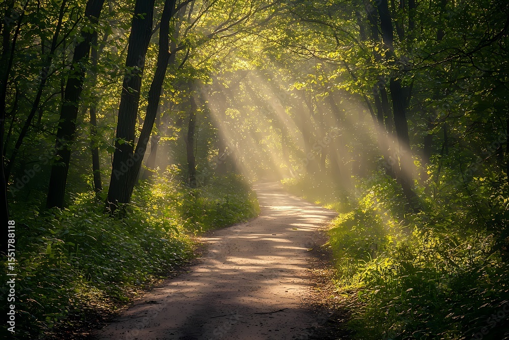 Fototapeta premium Serene Forest Path with Sunlight Beaming Through Lush Trees