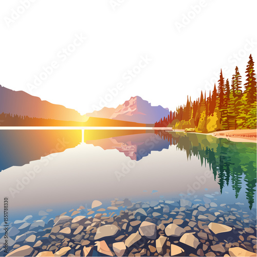 Sunset Over Moraine Lake: A Vibrant Low Poly Vector Illustration