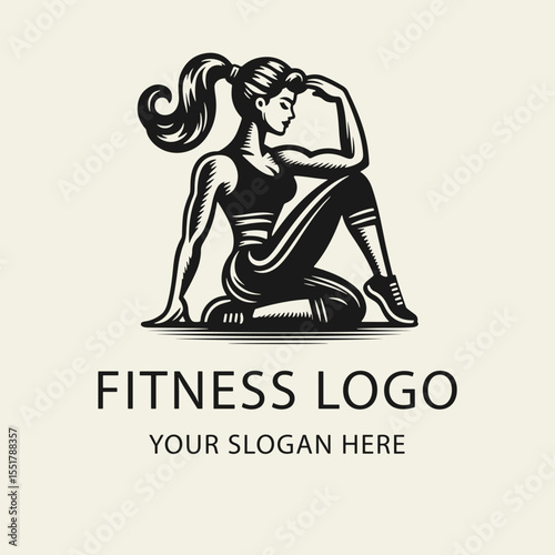 Black and white flat vector logo for yoga and fitness featuring a woman in workout clothes performing an exercise. Ideal for wellness branding, gym promotions, and active lifestyle themes.