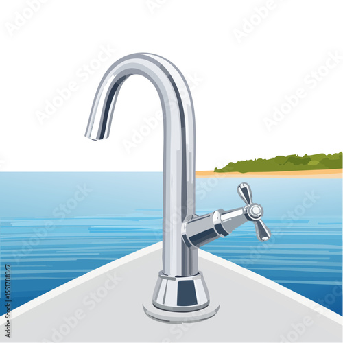 Chrome Water Faucet Overlooking an Island Scene - A Clean Vector Illustration