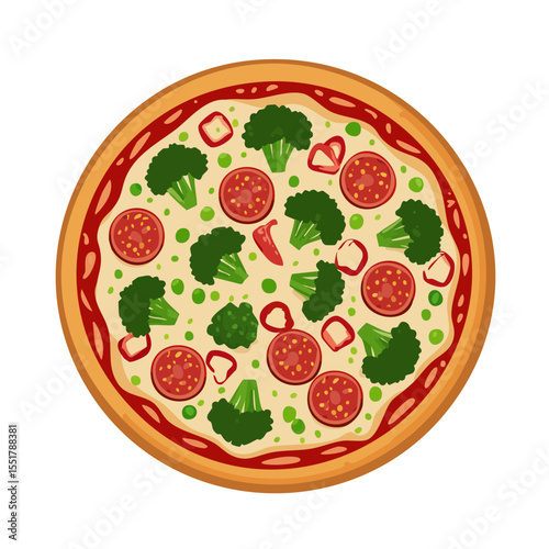 Delicious Pizza with Broccoli, Pepperoni, and Peppers on a Black Background