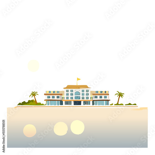 Coastal resort vector image illustration, building near beach.
