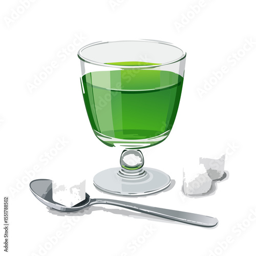 Illustration of absinthe served in a Pontarlier glass with a spoon and sugar cube